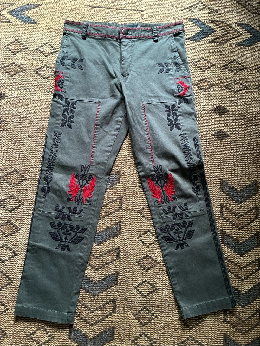 Johnny Was Grey Cargo Jeans with Red & Black Embroidery